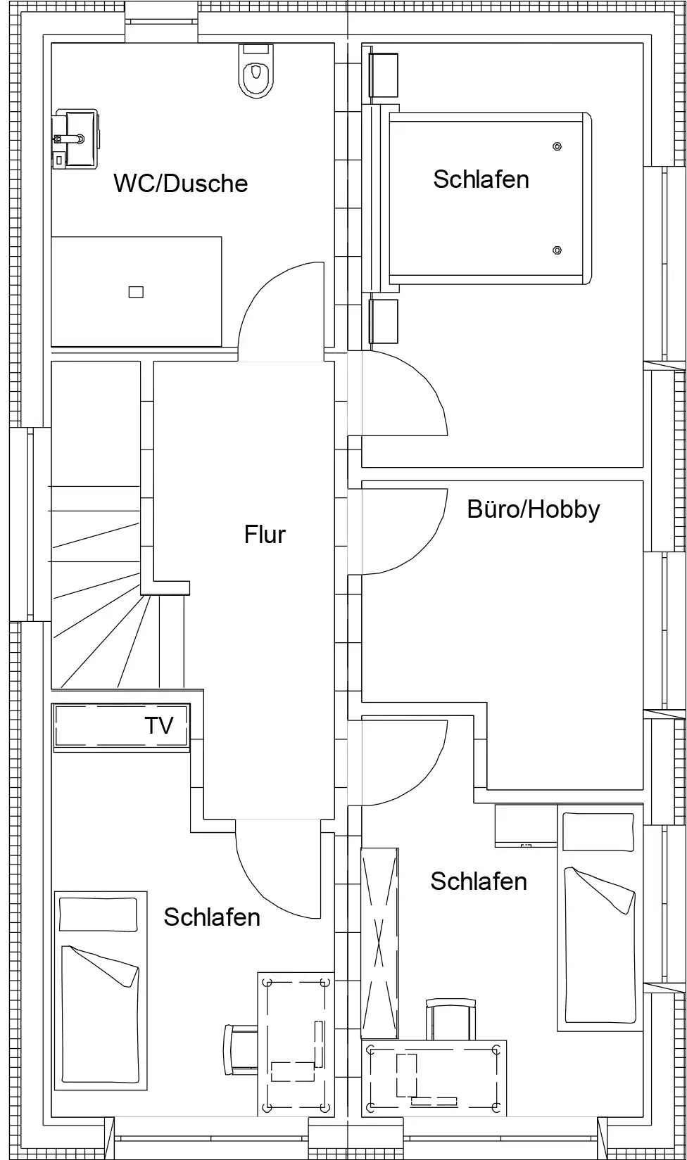 Grundriss eines Hauses mit auf Deutsch beschrifteten Räumen: WC/Dusche, Flur, TV, drei Schlafzimmer und Büro/Hobbyraum. Jeder Raum ist mit typischen Möbeln wie Betten, Schreibtischen und einem Fernseher ausgestattet.